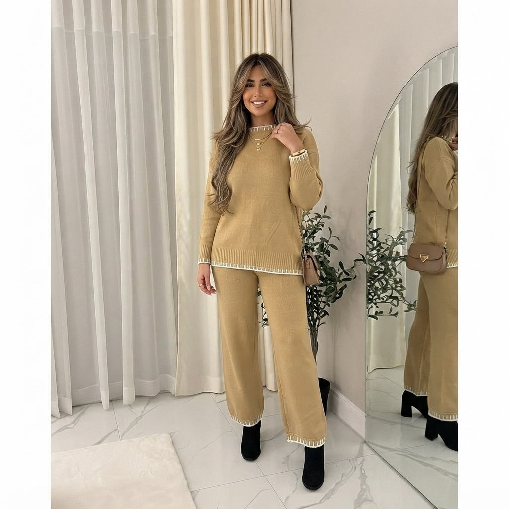 LUXE DIVA Women's Two Piece Lounge Sweater Sets Long Sleeve Knit Pullover Tops Wide Leg Pants Tracksuits