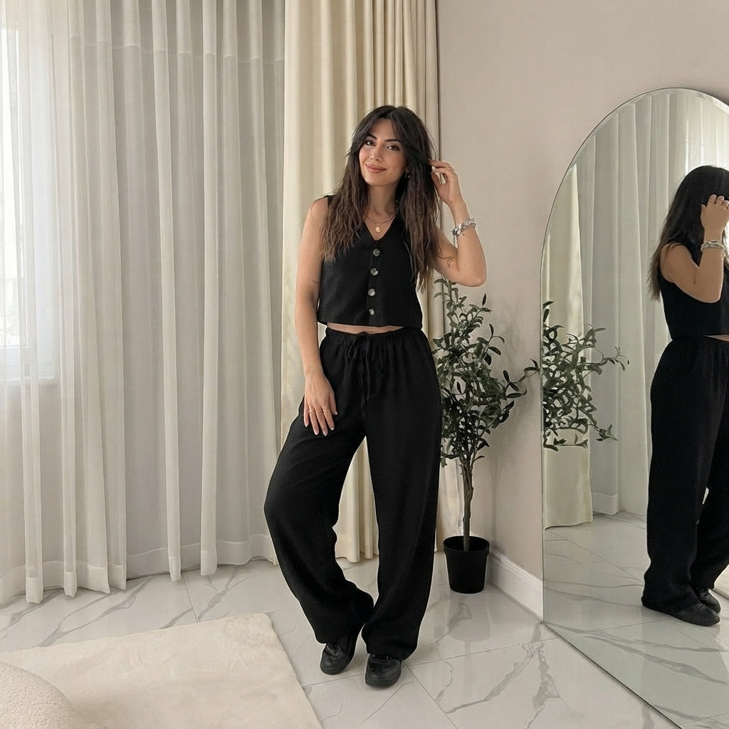 LUXE DIVA New Two Piece Wide Leg Pants Set Women's Spring New V-Neck Sleeveless Vest with Hanging Wide Leg Pants Casual Set