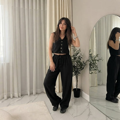 LUXE DIVA New Two Piece Wide Leg Pants Set Women's Spring New V-Neck Sleeveless Vest with Hanging Wide Leg Pants Casual Set