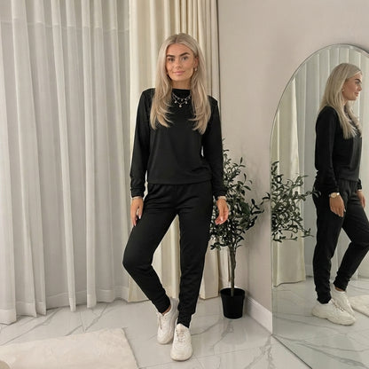 LUXE DIVA Ladies Plain Tracksuit Round Neck Sweatshirt & Joggers Set 8-22
