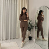 LUXE DIVA Women's Chunky Ribbed Polo Neck Top & Leggings Loungewear Set