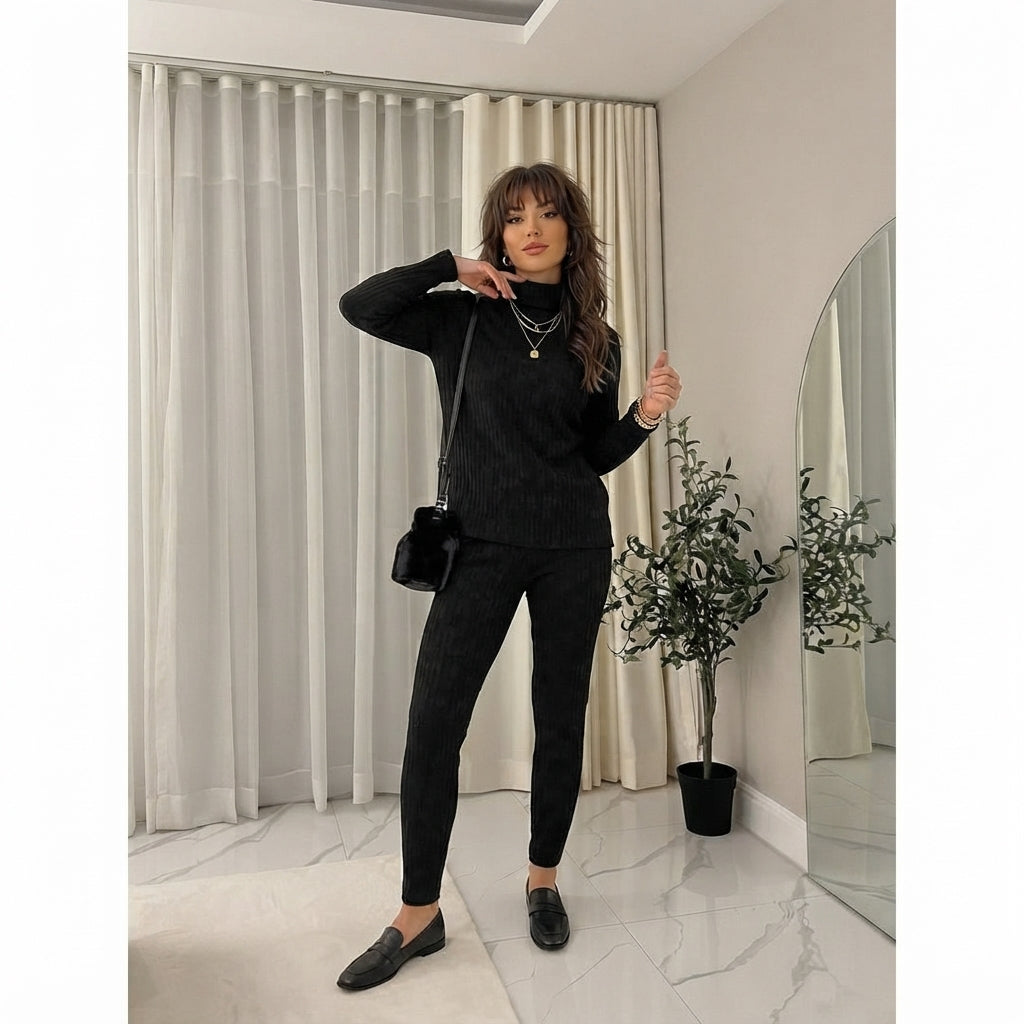 LUXE DIVA Ladies Chunky Cable Knitted Polo High Neck Top Leggings Lounge wear Suit Set