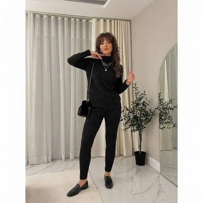 LUXE DIVA Ladies Chunky Cable Knitted Polo High Neck Top Leggings Lounge wear Suit Set