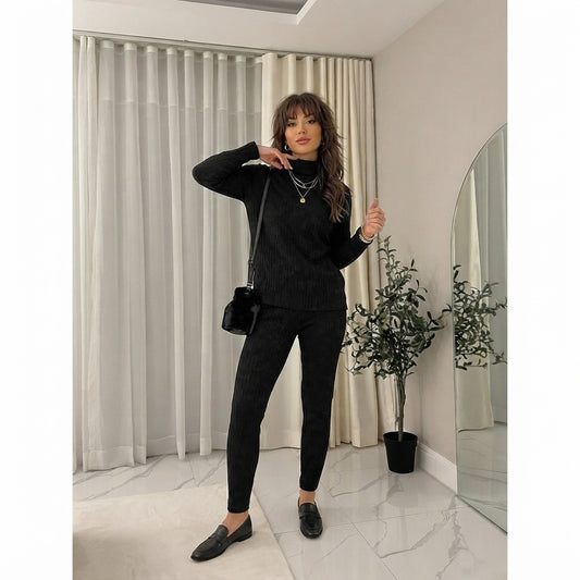 LUXE DIVA Ladies Chunky Cable Knitted Polo High Neck Top Leggings Lounge wear Suit Set