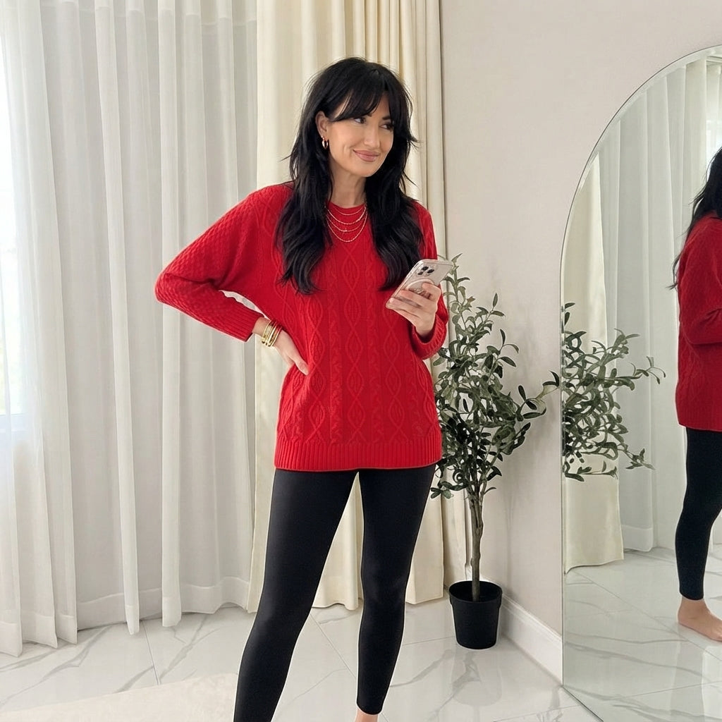LUXE DIVA Ladies Diamond Pattern Cable Knit Jumper Round Neck Long Sleeve