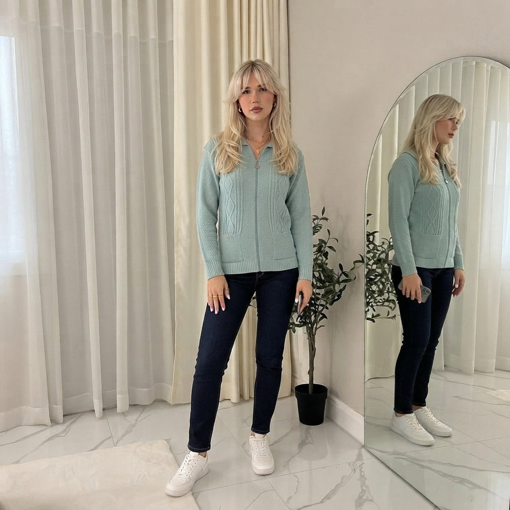 LUXE DIVA Womens Collar Zip Cable Knit Cardigan Ladies Long Sleeve Pullover Pocket Jumper