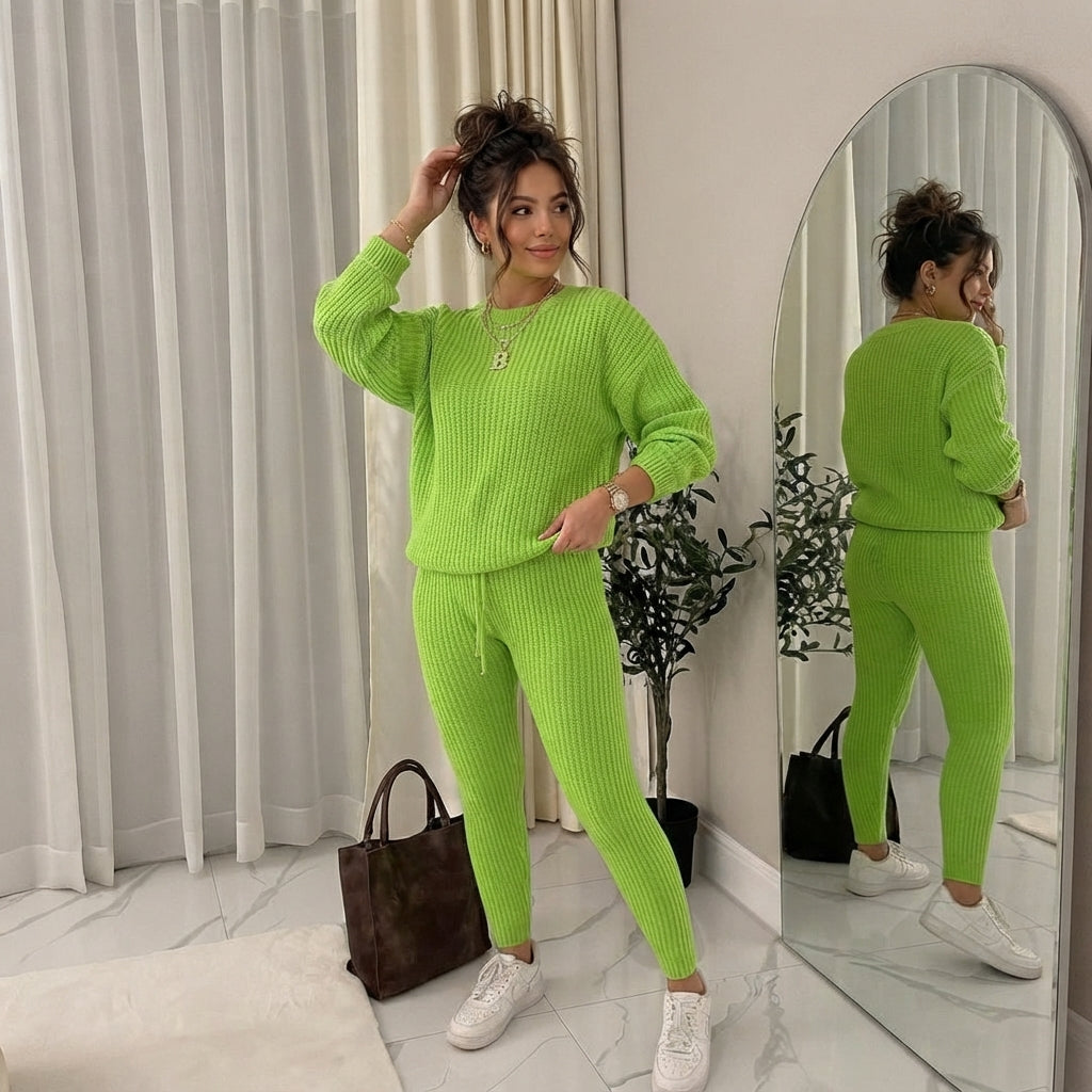 Women's Solid Drop Shoulder Sweater Set, 2024 New Drop Shoulder Rib-Knit Sweater & Pants Set