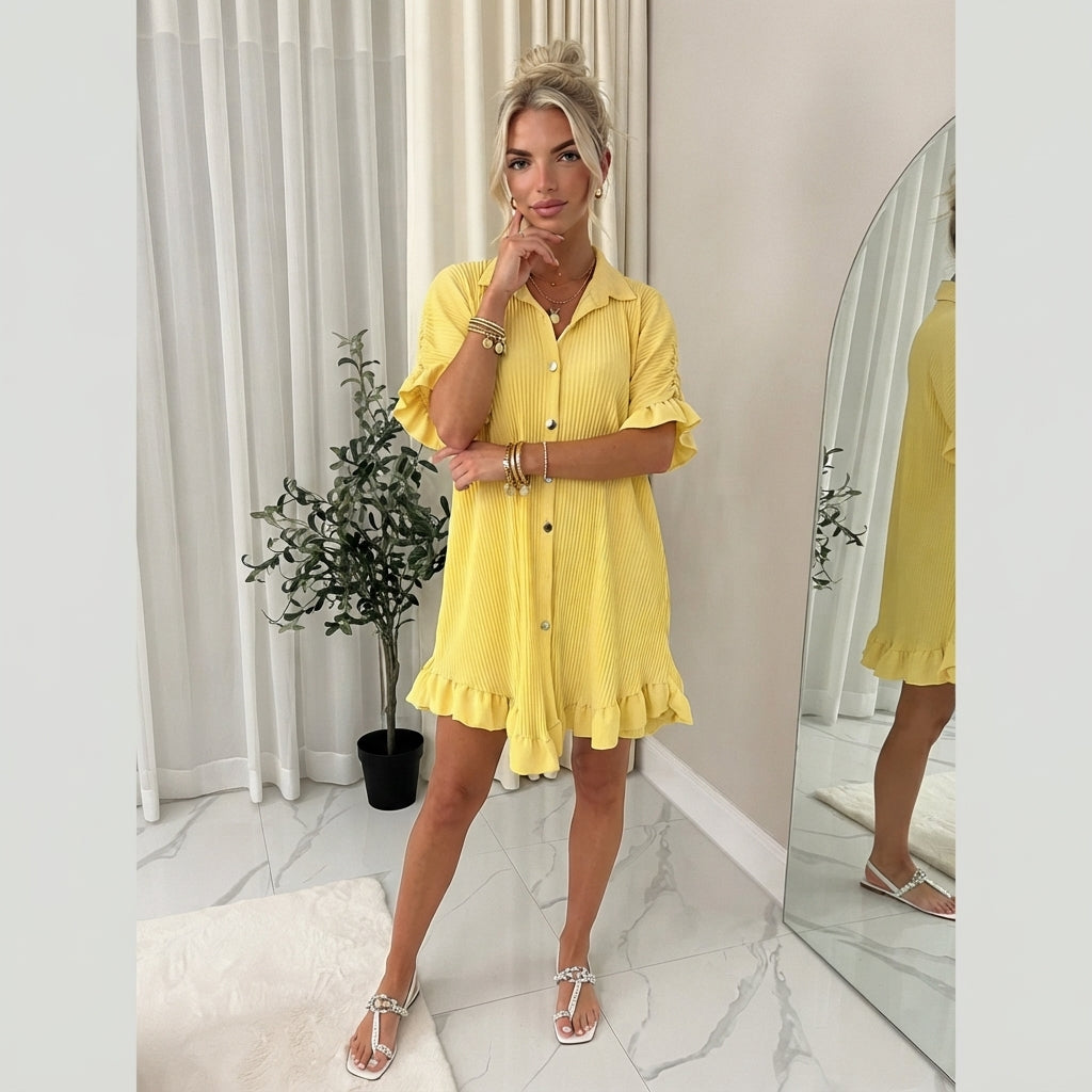 LUXE DIVA Women's Ladies Gold Button Pleated Frill Summer Shirt Swing Smock Mini Dress Top