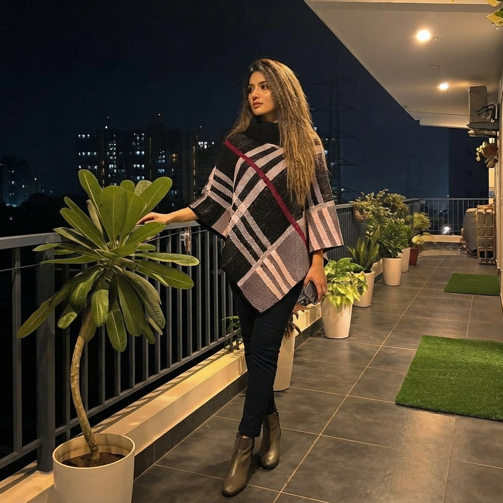 LUXE DIVA Women's Check Print Poncho Knitted Collared Cape Wrap Shawl Jumper
