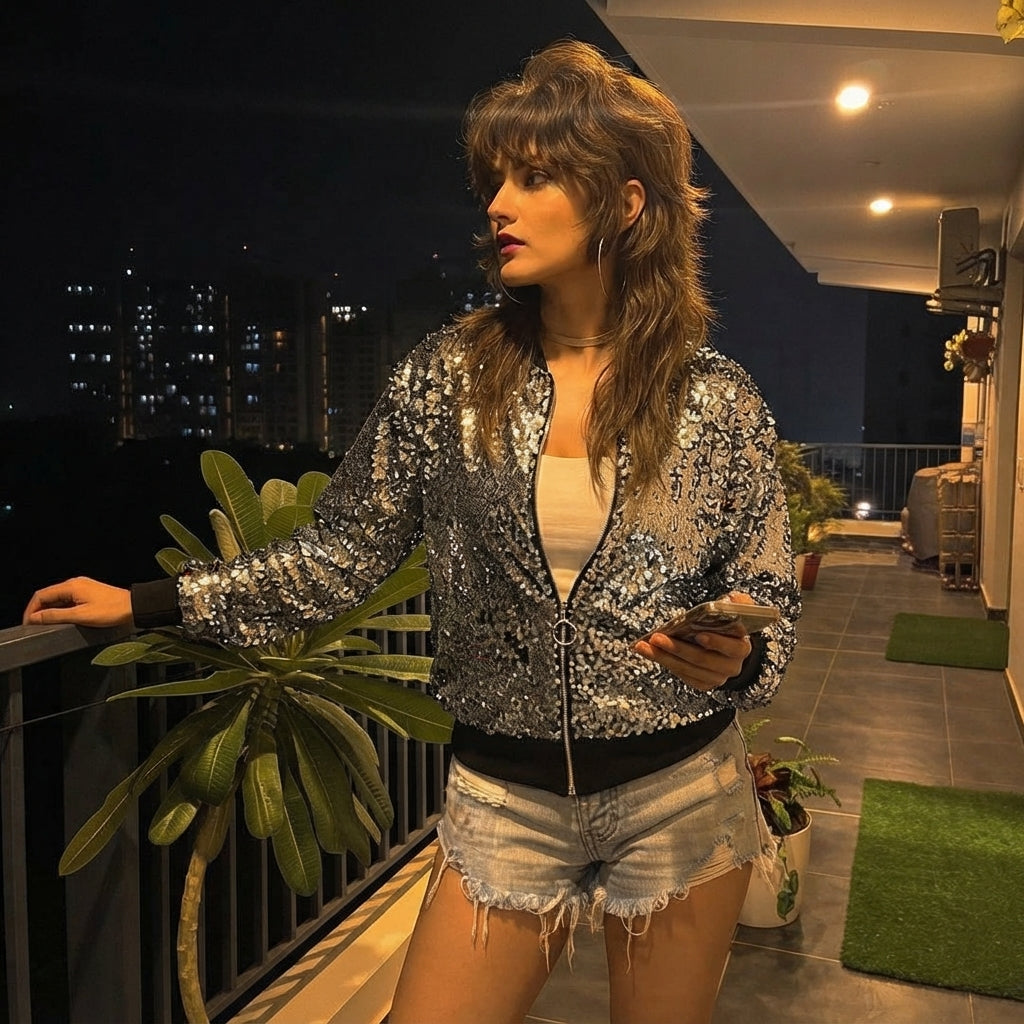LUXE DIVA Women's Sequin Glitter Bomber Jacket Club Party Festival Biker Coat