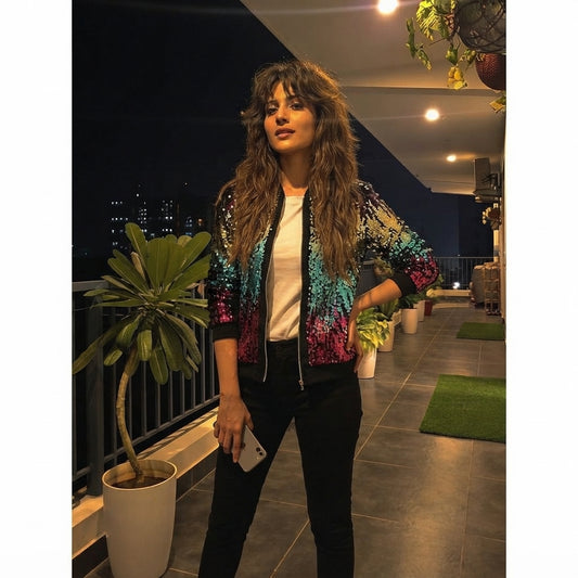 LUXE DIVA Women's Sequin Glitter Bomber Jacket Club Party Festival Biker Coat