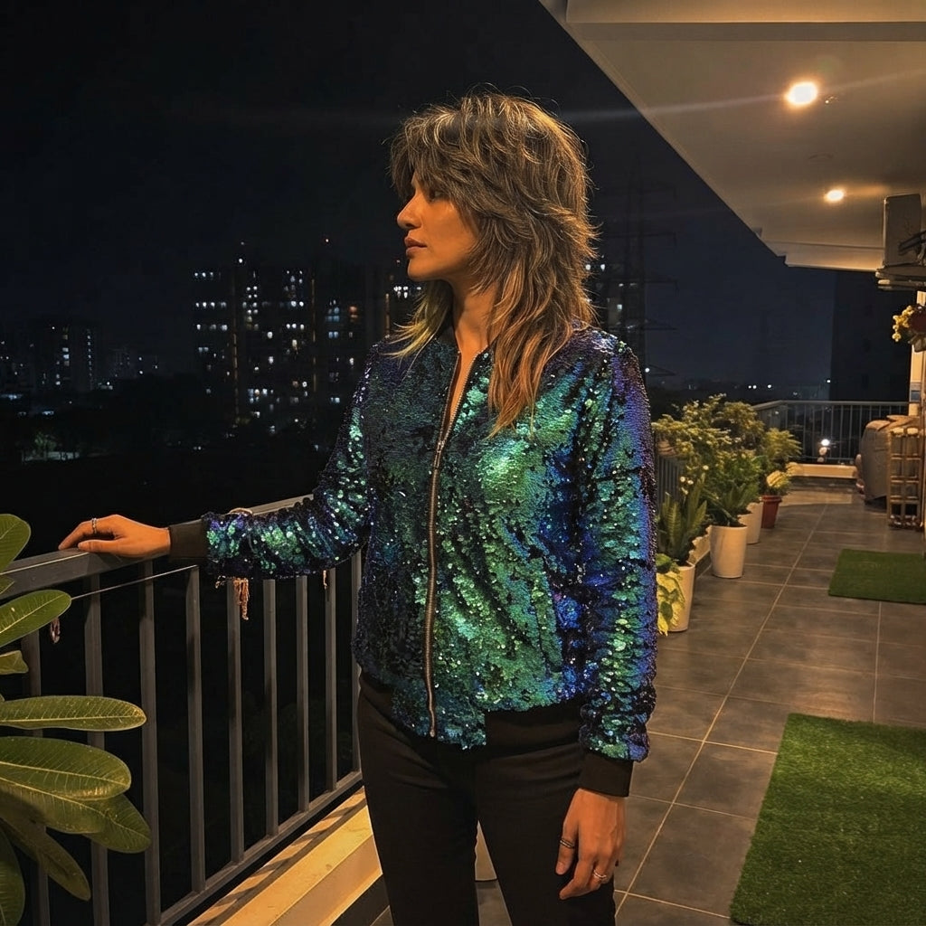 LUXE DIVA Women's Sequin Glitter Bomber Jacket Club Party Festival Biker Coat