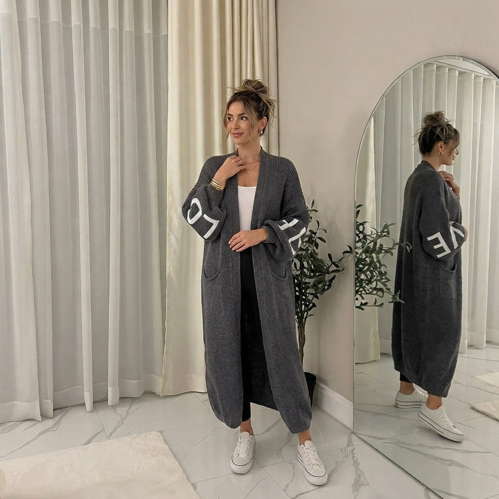 LUXE DIVA Women's Love Print Balloon Sleeve Long Knitted Cardigan Jumper