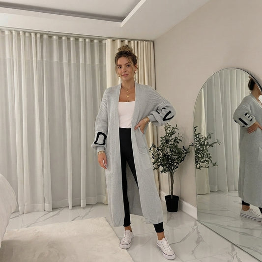 LUXE DIVA Women’s Ladies Love Print Balloon Sleeve Long Cardigan Knitted Jumper Top