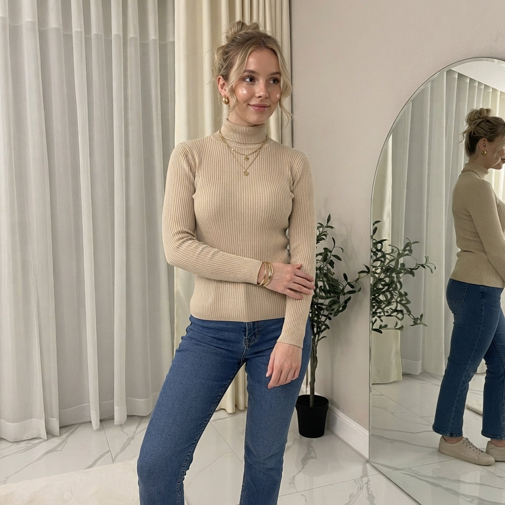 LUXE DIVA Ladies Fine Knit Polo Neck Jumper Super Stretch Ribbed Sweater