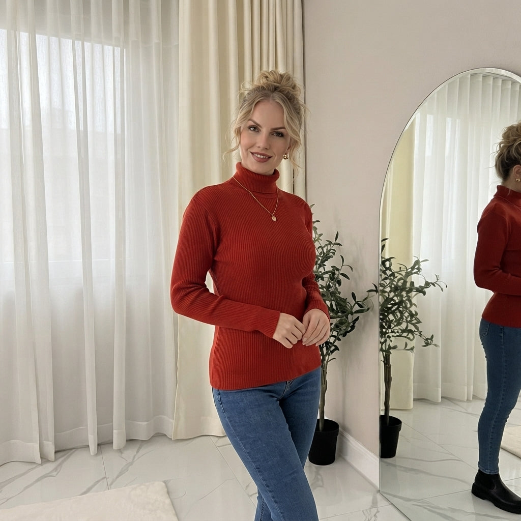 LUXE DIVA Ladies Fine Knit Polo Neck Jumper Super Stretch Ribbed Sweater