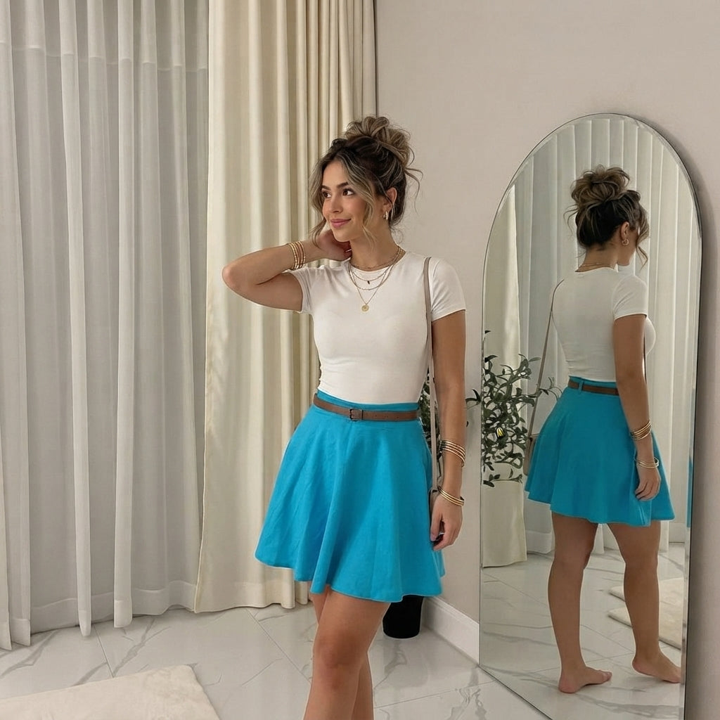 LUXE DIVA Womens Belted Flared Mini Swing Skirt Short Skater Party Plain Ladies UK 8-22