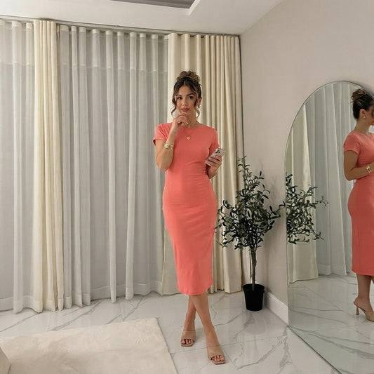 LUXE-DIVA Womens Plus Size Plain Short Sleeve Stretch Ladies Jersey Midi Dress 16-26 Casual Womenswear Viscose Casual Wear Summer Comfort