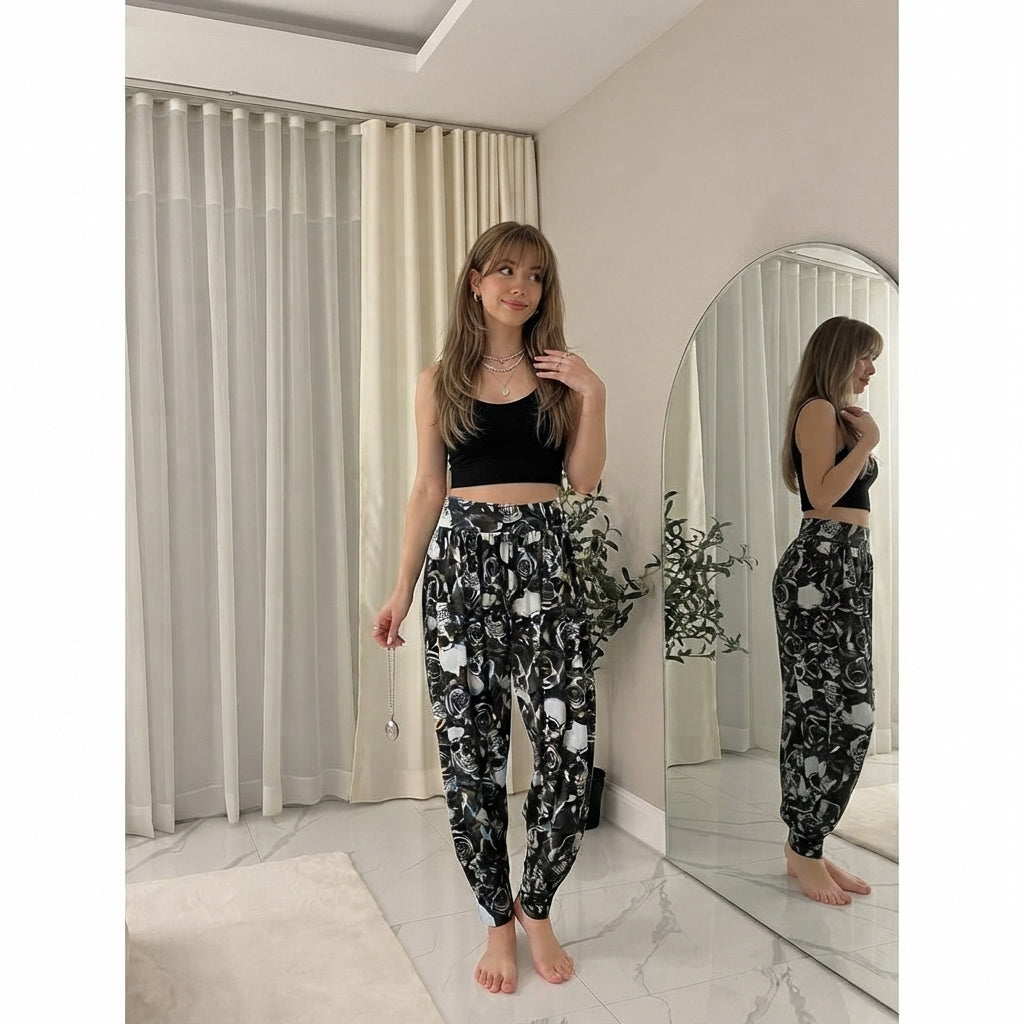LUXE DIVA Women’s Harem Pants Trousers | Printed Full Length Ali Baba Baggy Trousers with Side Slits & Ankle Cuffs | Casual Stretch Yoga Sweatpants | Sizes 8-26