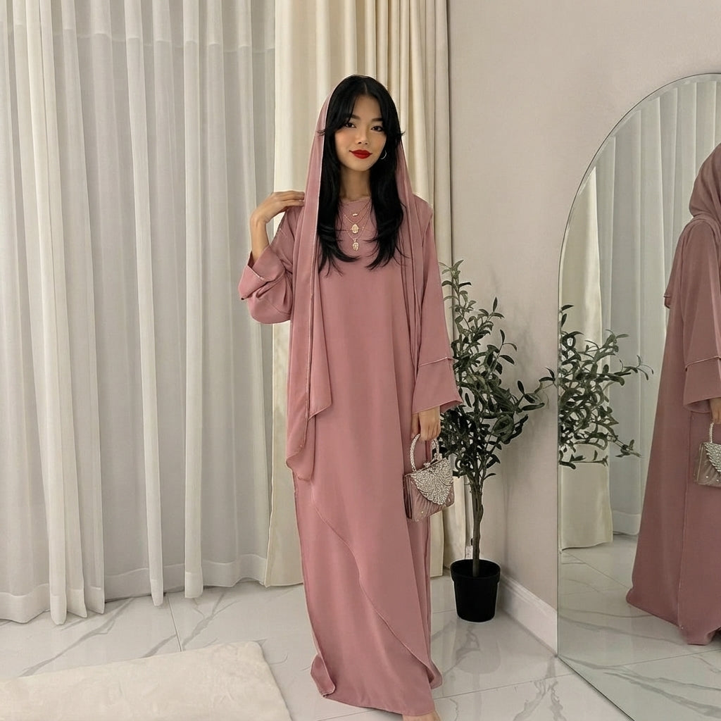 LUXE DIVA Women’s Gold Trim Abaya With Scarf Maxi Dress