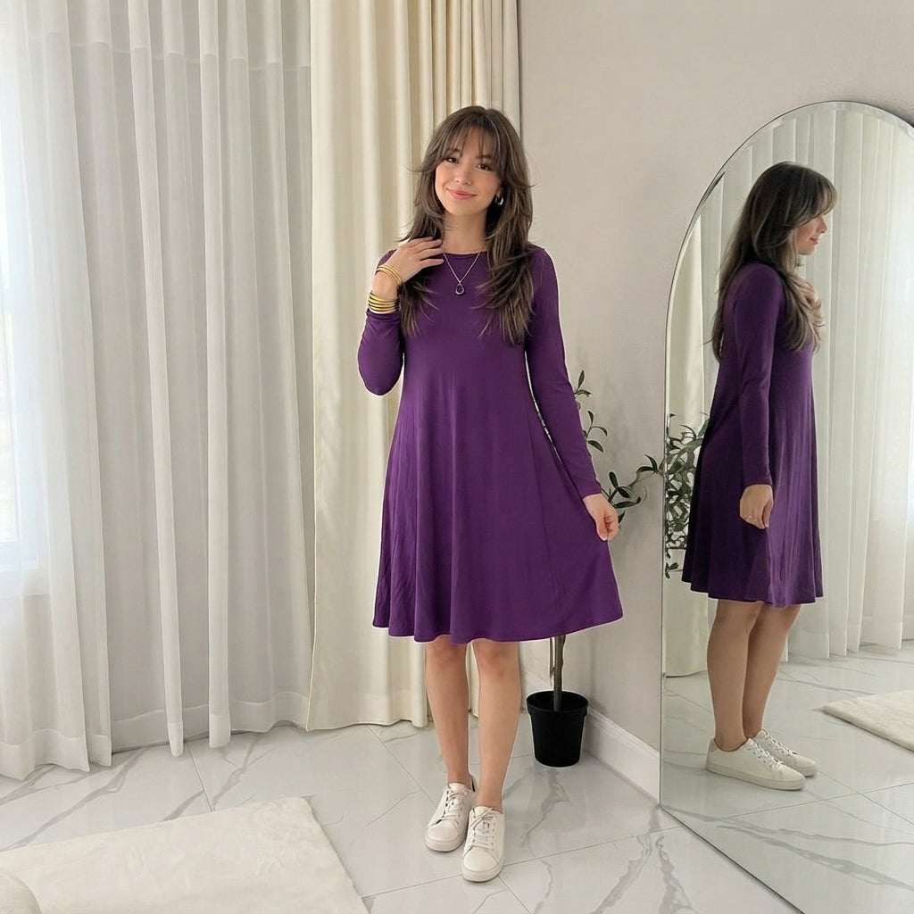 LUXE DIVA WOMEN LADIES LONG SLEEVE SWING DRESS FLARED A LINE SKATER DRESS TOP SIZE 8-26