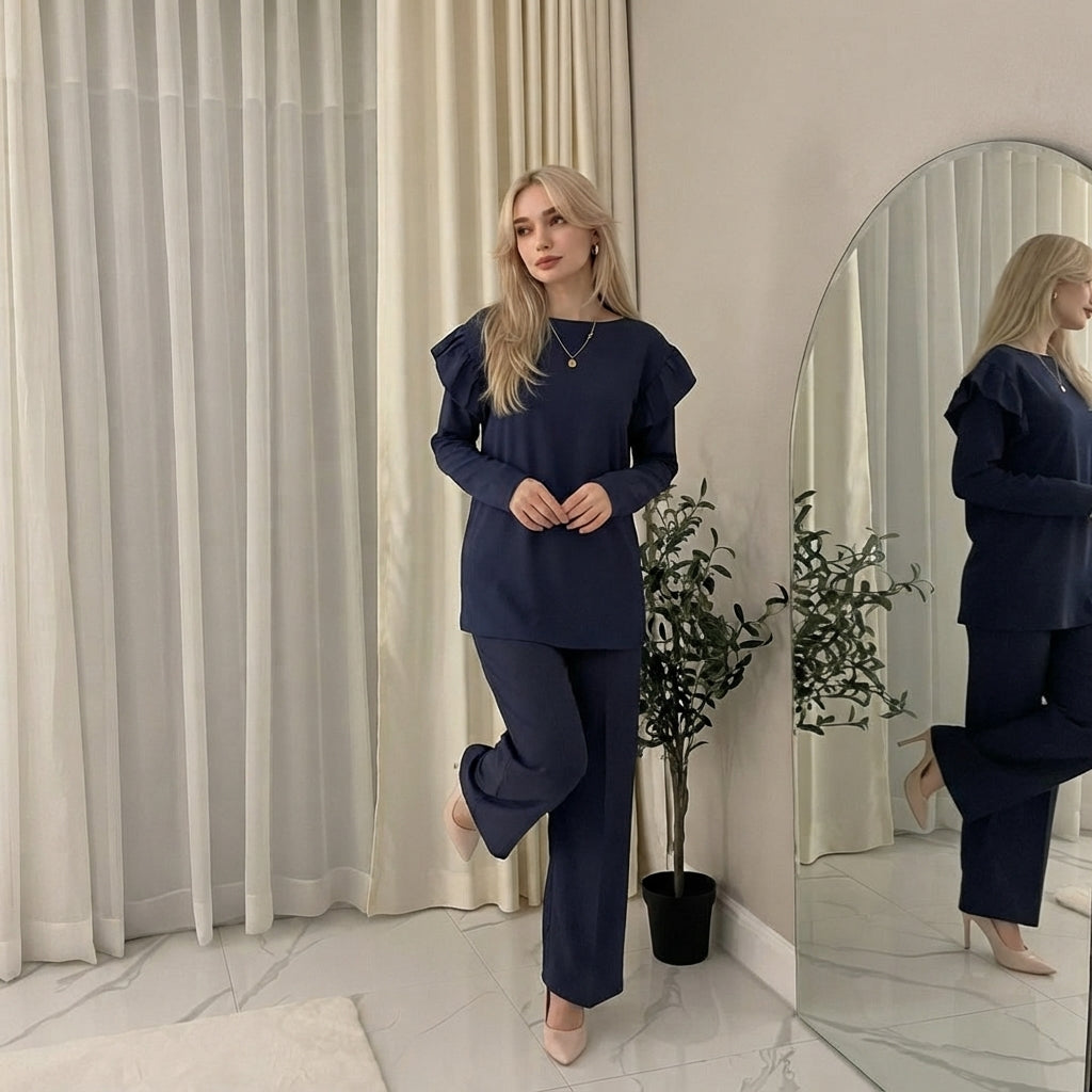 LUXE DIVA Ladies Frill Sleeve Two Piece Lounge Set Wide Leg Trousers