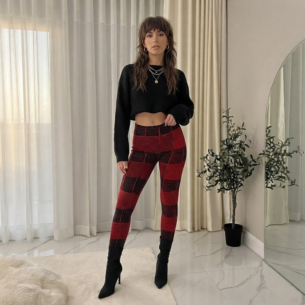 LUXE DIVA Women's Knitted Tartan Winter Leggings Soft Warm Christmas Trousers