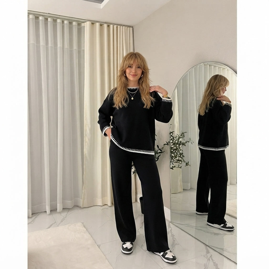 LUXE DIVA Women's Two Piece Lounge Sweater Sets Long Sleeve Knit Pullover Tops Wide Leg Pants Tracksuits