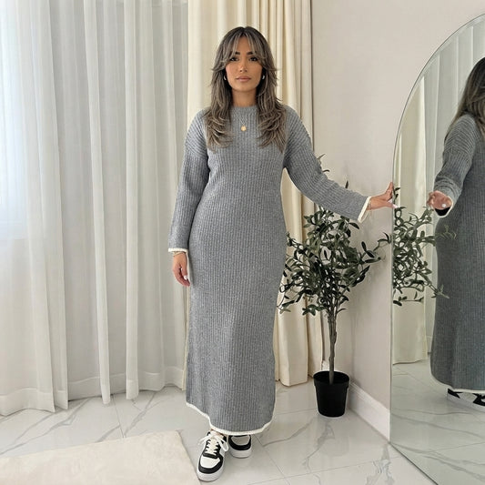 LUXE DIVA Women's Knitted Dress with Contrast Edge Knitted Dress Long