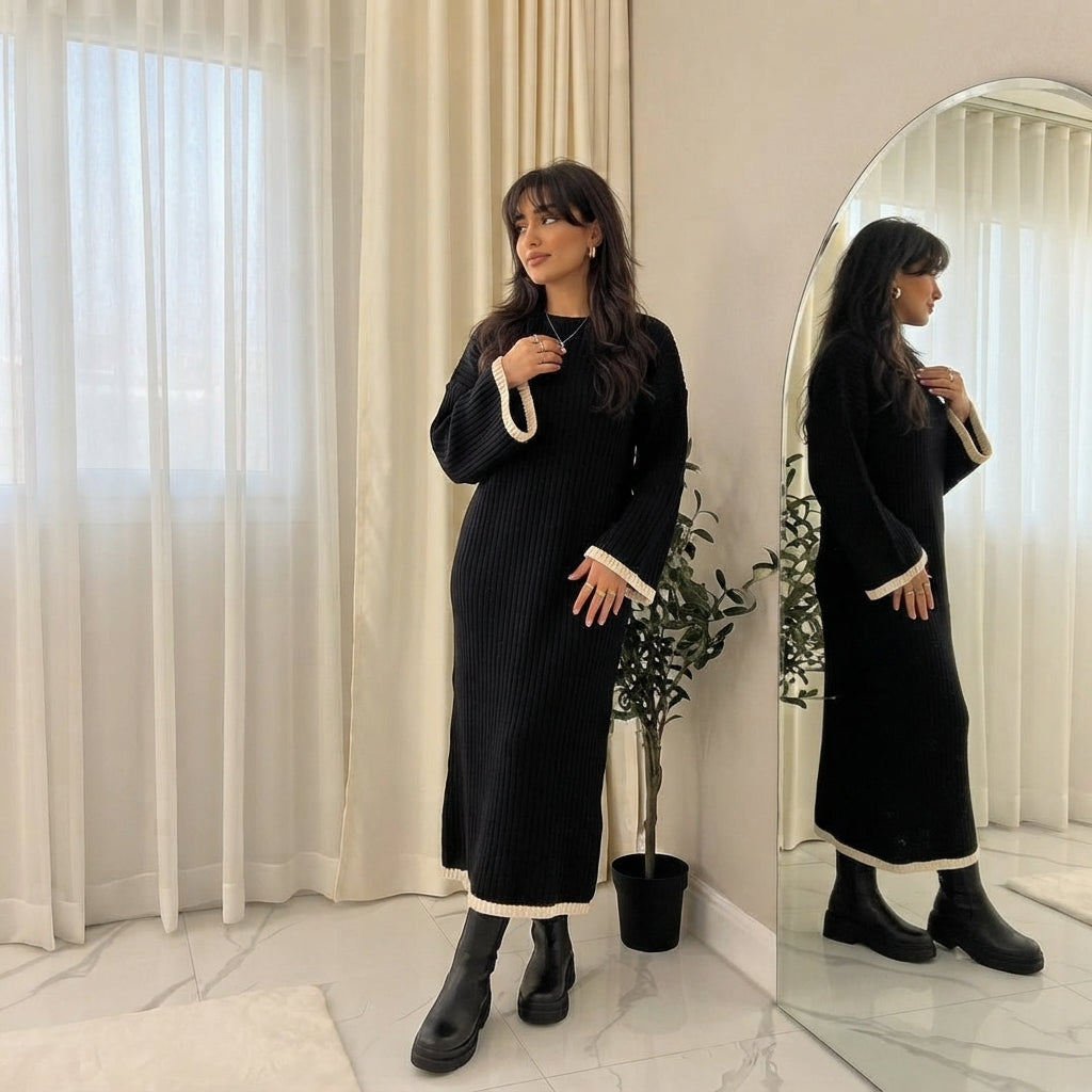 LUXE DIVA Women's Knitted Dress with Contrast Edge Knitted Dress Long