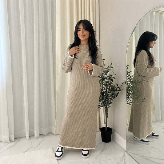 LUXE DIVA Women's Knitted Dress with Contrast Edge Knitted Dress Long