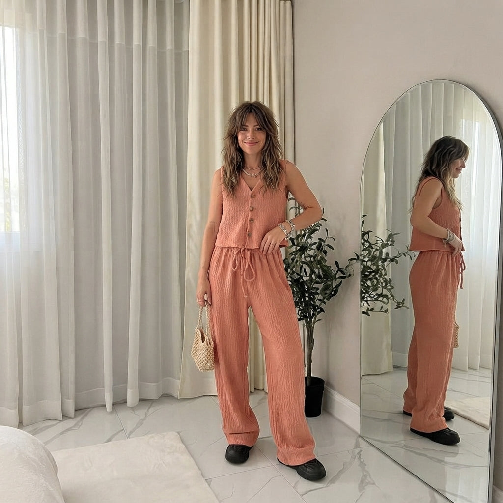 LUXE DIVA New Two Piece Wide Leg Pants Set Women's Spring New V-Neck Sleeveless Vest with Hanging Wide Leg Pants Casual Set