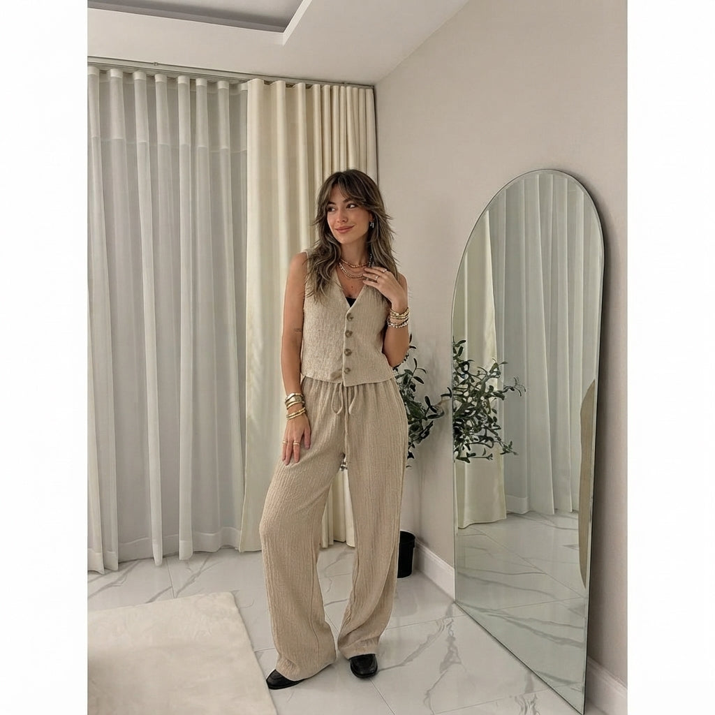 LUXE DIVA New Two Piece Wide Leg Pants Set Women's Spring New V-Neck Sleeveless Vest with Hanging Wide Leg Pants Casual Set