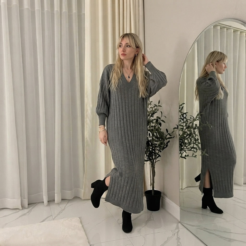 LUXE DIVA LADIES V Neck HIGH FUNNEL NECK LONG MAXI LENGTH KNITTED DRESS NOW IN STOCK