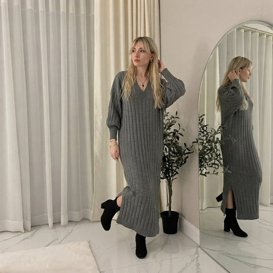 LUXE DIVA LADIES V Neck HIGH FUNNEL NECK LONG MAXI LENGTH KNITTED DRESS NOW IN STOCK