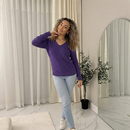 LUXE DIVA Women’s Long Sleeve V Neck Chunky Cable Knit Jumper for Ladies Casual Pullover Sweater for Women UK Size 8-22