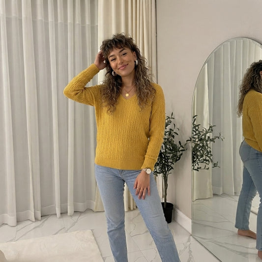 LUXE DIVA Women’s Long Sleeve V Neck Chunky Cable Knit Jumper for Ladies Casual Pullover Sweater for Women UK Size 8-22