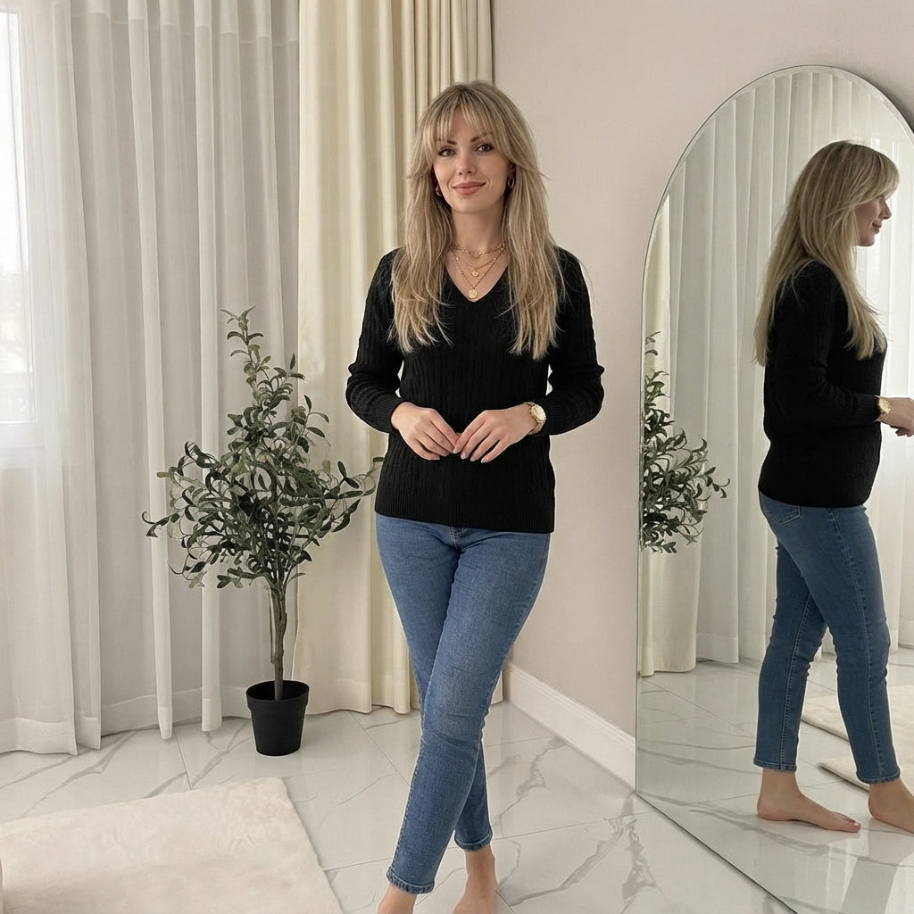 LUXE DIVA Women’s Long Sleeve V Neck Chunky Cable Knit Jumper for Ladies Casual Pullover Sweater for Women UK Size 8-22