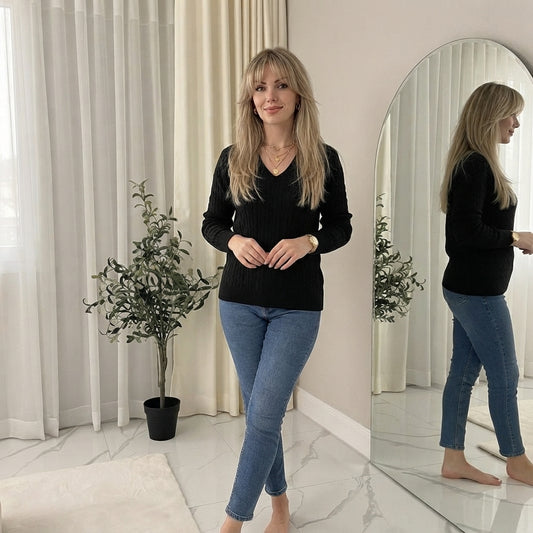 LUXE DIVA Women’s Long Sleeve V Neck Chunky Cable Knit Jumper for Ladies Casual Pullover Sweater for Women UK Size 8-22