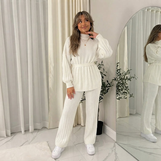 WomenÕs High Neck Belted Knit Set Ð 2 Piece Loungewear