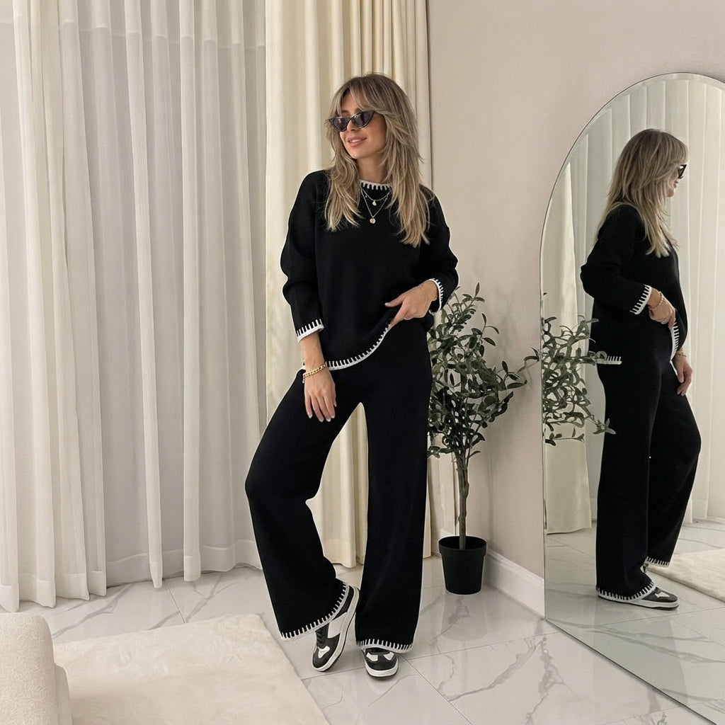 LUXE DIVA Ladies Knitted Stitched Wide Leg 2PCS Co-ord Suit Sweater Loungewear Set