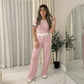 LUXE DIVA Ladies Ribbed Contrast Cap Sleeve Crop Top & Trouser