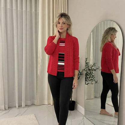 LUXE DIVA Ladies Short Sleeve Twin Set Striped Knitted Cardigan & Jumper