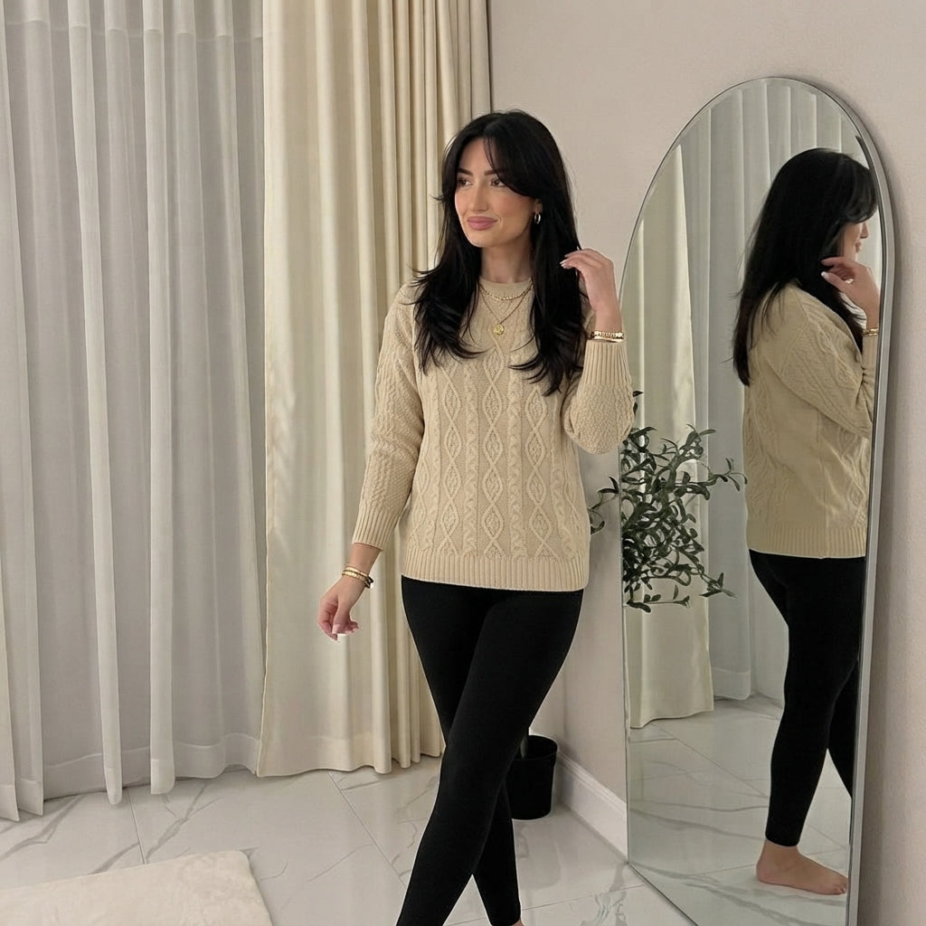 LUXE DIVA Ladies Diamond Pattern Cable Knit Jumper Round Neck Long Sleeve