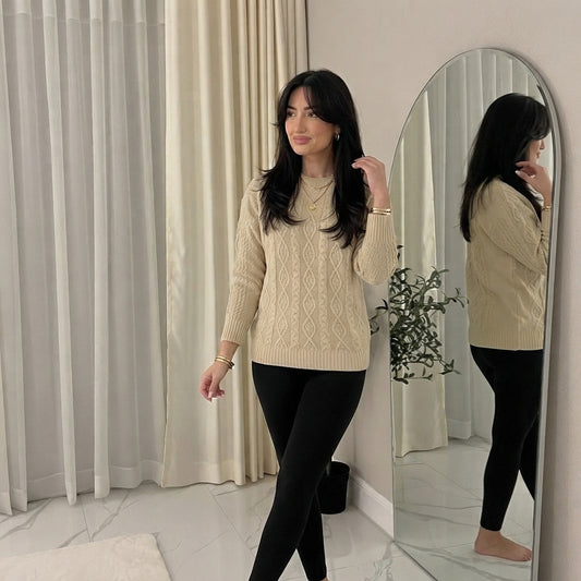 LUXE DIVA LADIES ROUND NECK LONG SLEEVE KNITTED JUMPER SELF PATTERN WITH DIAMOND ALL WAY DOWN CABLE KNIT