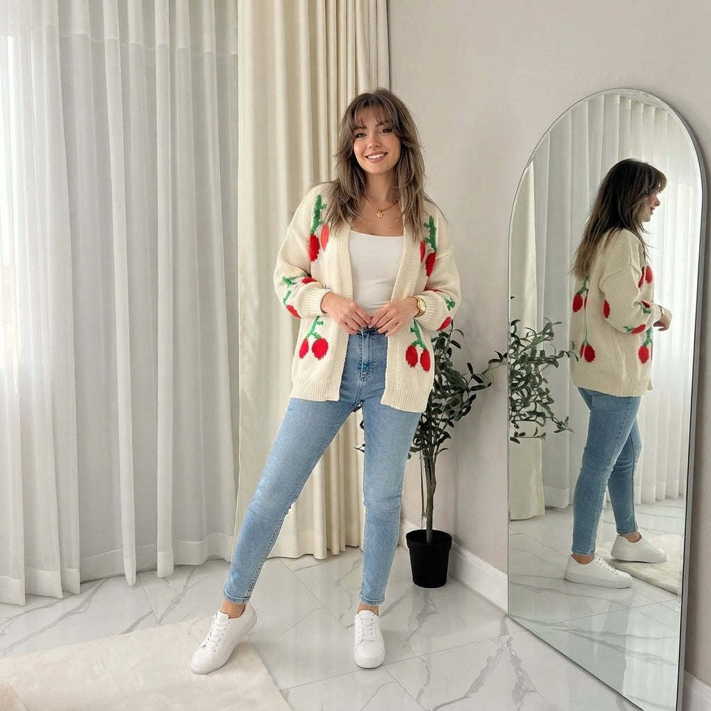 LUXE DIVA Womens Long Sleeve Cherries Print Open Front Knitted Jumper Cardigan 8-14