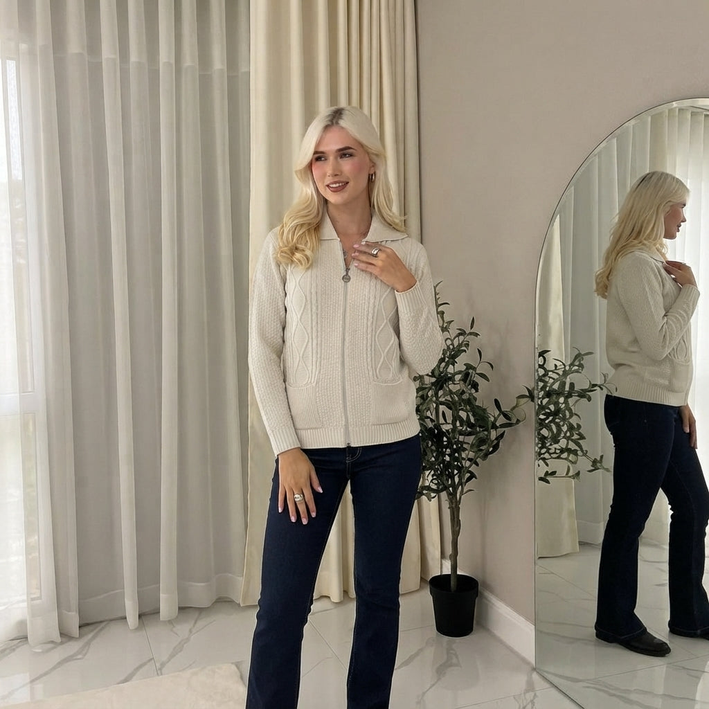 LUXE DIVA Womens Collar Zip Cable Knit Cardigan Ladies Long Sleeve Pullover Pocket Jumper