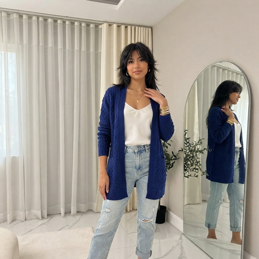 LUXE-DIVAWomen's Plus Cable Knitted Open Pocket Cardigan