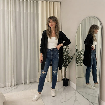 LUXE-DIVAWomen's Plus Cable Knitted Open Pocket Cardigan