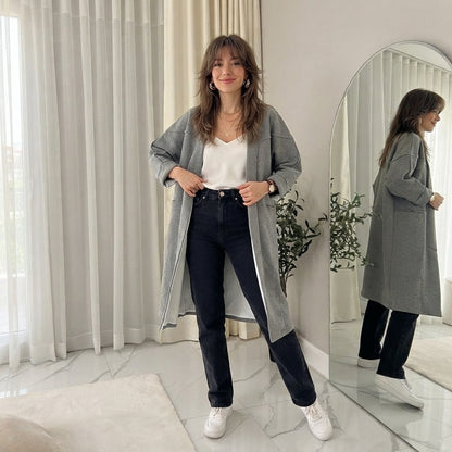 LUXE DIVA Plain Soft Feel Pockets Oversize  Longline Jacket